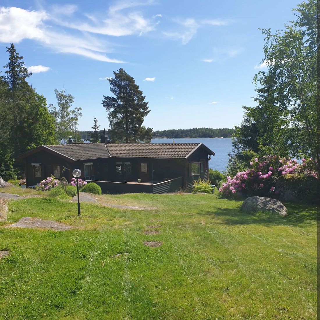 Ferienhaus mit großer Wiese und Rhododendron